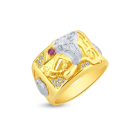 Pánsky prsteň zo žltého a bieleho zlata so zirkónmi a červeným kameňom v tvare tigrej hlavy
